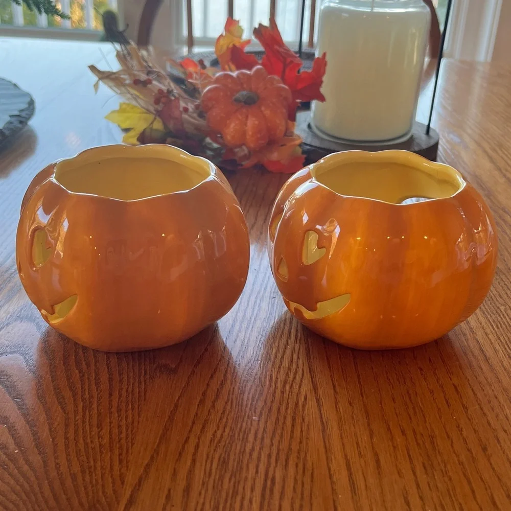Williams Sonoma Jack O Lantern Candle Luminary Tealight Halloween 2 piece/pairy